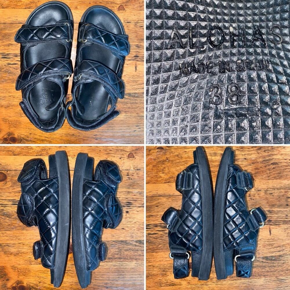 Alohas $210 Black Quilted Hook Loop Sandal Spain EU38 7 7.5 EUC